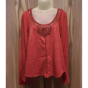 We The Free Crochet Beaded Scoop Neckline Rose Long Sleeve Top Sz L Boho Hippie